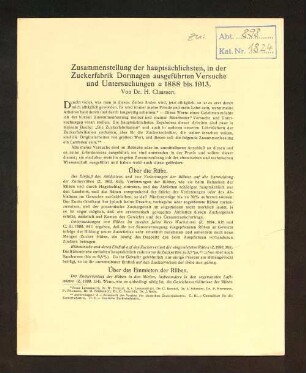 Zusammenstellung der hauptsächlichsten, in der Zuckerfabrik Dormagen ausgeführten Versuche und Untersuchungen : 1888 bis 1913