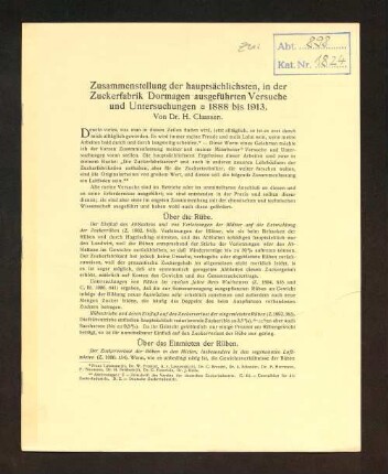 Zusammenstellung der hauptsächlichsten, in der Zuckerfabrik Dormagen ausgeführten Versuche und Untersuchungen : 1888 bis 1913