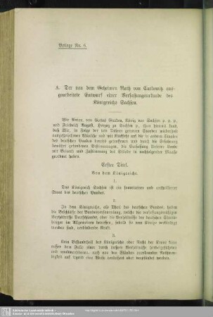 A. Von dem Geheimen Rath von Carlowitz ausgearbeitete Entwurf einer Verfassungsurkunde des Königreichs Sachsen