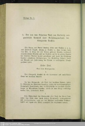 A. Von dem Geheimen Rath von Carlowitz ausgearbeitete Entwurf einer Verfassungsurkunde des Königreichs Sachsen