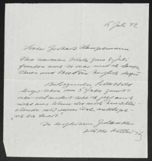Brief von Käthe Kollwitz an Gerhart Hauptmann