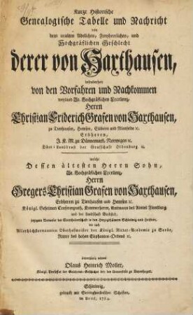 Kurze Historische Genealogische Tabelle und Nachricht von dem uralten Adelichen, Freyherrlichen, und Hochgräflichen Geschlecht derer von Haxthausen, insonderheit von den Vorfahren und Nachkommen weyland Se. Hochgräflichen Excellenz, Herrn Christian Friderich Grafen von Haxthausen ... : welche Dessen ältesten Herrn Sohn, Se. Hochgräflichen Excellenz, Herrn Gregers Christian Grafen von Harthausen ... unterthänigst widmet