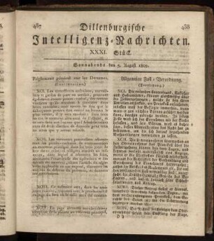 XXXI. Stück... den 5 August 1809 - XXXIV. Stück... den 26. August 1809.