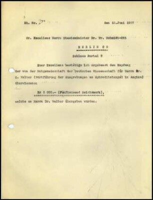 Schreiben (Durchschlag); DAI Athen an F. Schmidt-Ott (Empfangsbestätigung)