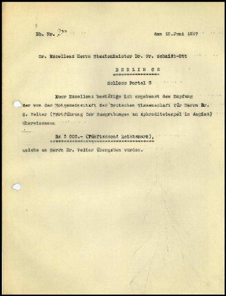 Schreiben (Durchschlag); DAI Athen an F. Schmidt-Ott (Empfangsbestätigung)