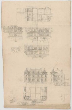 Thiersch, August ; München - Nymphenburg, Zuccalistr. 11 - 13; Doppelhaus Parseval - Wolff - Grundrisse, Ansichten