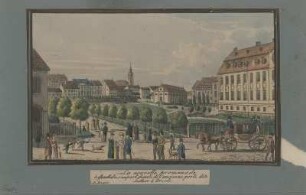 Ansicht der Gegend am Seetor in Dresden, Kupferstich, um 1825 : La nouvelle promenade à gauche du rempart demoli de l'ancienne porte dite Seethor à Dresden. - [Dresden] : Beger , [um 1825]. - 1 Kunstbl. : aquarellierte Umrißradierung ; 15 x 9 cm