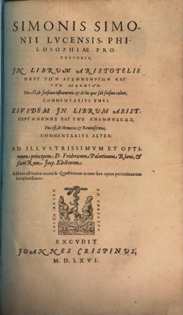 In librum Aristotelis de Sensuum instrumentis et de his quae sub sensum cadunt, commentarius