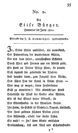 No. 2. An Elise Bürger Hannover im Juny 1800.