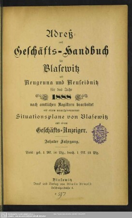 10.1888: Adreß- und Geschäfts-Handbuch für Blasewitz mit Neugruna und Neuseidnitz