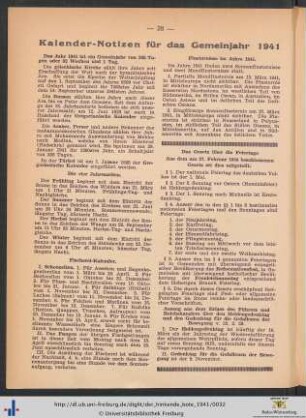 Kalender-Notizen für das Gemeinjahr 1941.