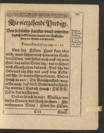 Die vierzehende Predigt. Von sechserley ... Gründen/ damit die Aufferstehung der Todten erwiesen wird.