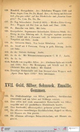 XVII. Gold, Silber, Schmuck, Emaille, Gemmen (Nr. 635 - 673)