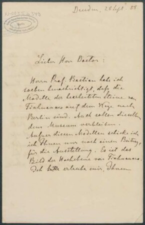 28. September 1888, Dresden [Brief von Alphons Stübel an Max Uhle]
