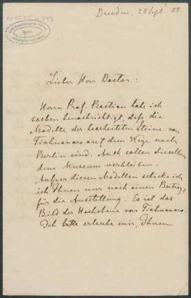 28. September 1888, Dresden [Brief von Alphons Stübel an Max Uhle]