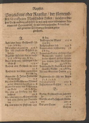 Verzeichnis oder Register/ der fürnembsten Kranckheiten menschliches Leibes/ welcher in diesem Buche meldung geschehen ...