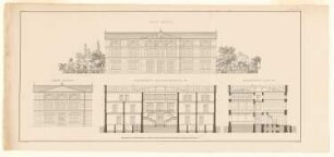 Gymnasium, Stettin: Bl. 30: Vorder- und Seitenansicht, Schnitte (aus: Bauausführungen des preußischen Staats, Bd. 1)