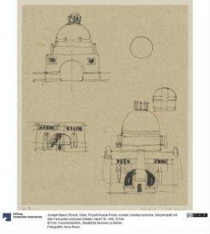 Wien, Projekt Kaiser Franz Joseph Jubiläumskirche, Skizzenblatt mit drei Fassaden und zwei Details