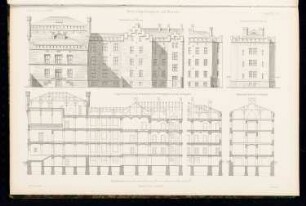 Schuldgefängnis, Berlin: Seitenansicht, Rückansicht, Längsschnitt durch das Beamtenhaus, Querschnitt (aus: Atlas zur Zeitschrift für Bauwesen, hrsg. v. G. Erbkam, Jg. 15, 1865)