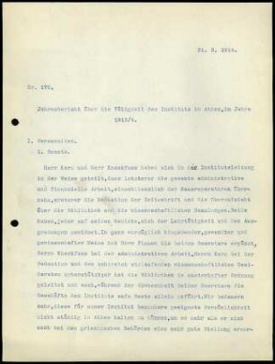 Jahresbericht über die Tätigkeit des Instituts in Athen im Jahre 1913/1914