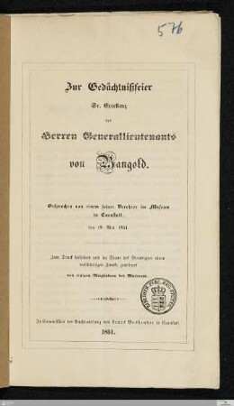Zur Gedächtnißfeier Sr. Excellenz des Herren Generallieutenants von Bangold