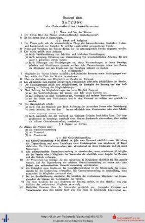 Entwurf einer Satzung des Hohenzollerischen Geschichtsvereins.