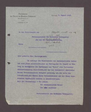 Schreiben des Parteisekretärs der DVP, Karlsruhe, an den Vorsitzenden des Wahlausschusses der Deutschen Volkspartei: Vertrauensmännerversammlung des Demokratischen Vereins in Triberg, 1 Schreiben (Durchschlag)