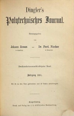 Dingler's polytechnisches Journal. 239. 1881 = 5. Reihe Bd. 39
