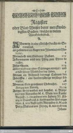Register oder Blat-Weiser derer merckwürdigsten Sachen, welche in diesem Wercke befindlich