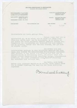 Brief von Bernhard Ercklentz an Margarete Hauptmann