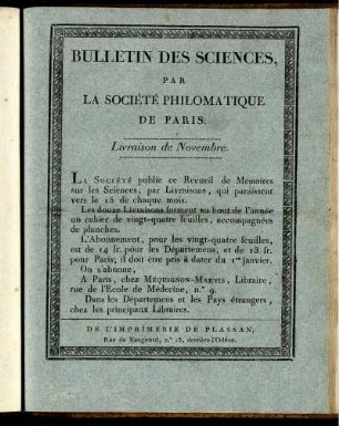 Bulletin Des Sciences, Par La Société Philomatique De Paris. Livraison de Novembre.
