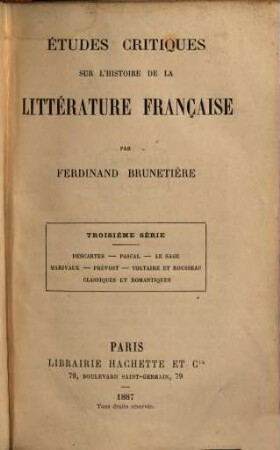 Études critiques sur l'histoire de la littérature française. III