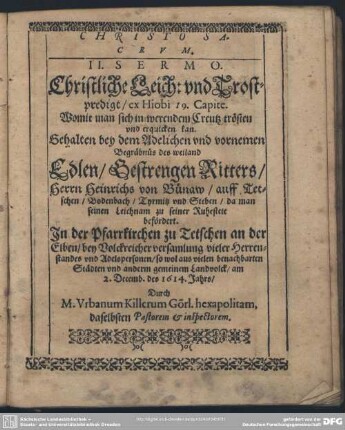 II. Sermo. Christliche Leich: und Trostpredigt, ex Hiobi 19. Capite