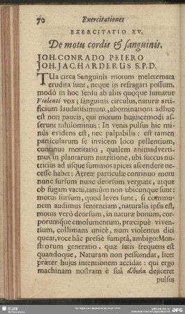 Exercitatio XV. De motu cordis & sanguinis. Joh. Conrado Peiero Joh. Jac. Harderus S. P. D.
