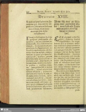 Decisio XVIII. Si quis ad praestationem Iuramenti per sententiam impositam, sese intra octiduum non offerat, num iuramentum pro deserto habeatur?