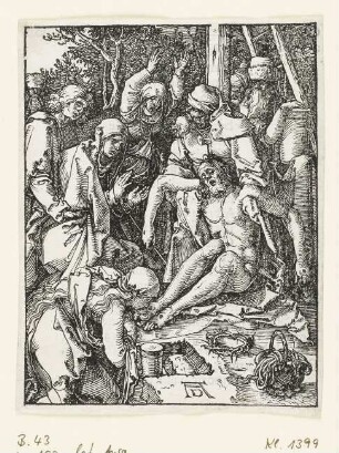 Beweinung Christi, Blatt 28 aus: Albrecht Dürer, "Passio Christi ab Alberto Durer Nurenbergensi effigiata cum varij generis carminibus Fratris Benedicti Chelidonij Musophili", Nürnberg 1511, S. Diiij