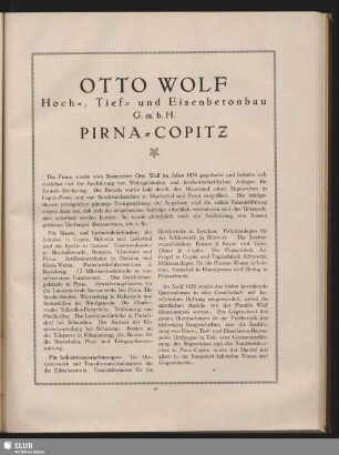 Otto Wolf. Hoch-, Tief- und Eisenbetonbau G.m.b.H. Pirna-Copitz