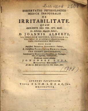 Dissertatio Physiologico Medica Inauguralis De Irritabilitate