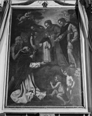 Domenikus-Altar — Maria und die heiligen Katharina und Maria Magdalena überreichen dem seligen Giordano da Rivalto und einem Bischof ein Bild des heiligen Domenikus