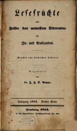 Lesefrüchte vom Felde der neuesten Literatur des In- und Auslandes. 1854,3