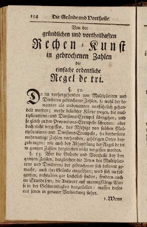 Von der gründlichen und vortheilhaften Rechen-Kunst in gebrochenen Zahlen die einfache ordentliche Regel de tri.