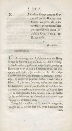 N. Aan den Gouverneur Generaal en de Raden van Indien ...