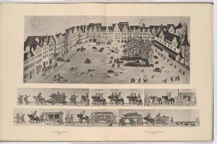 1 Darstellung zur Tierhetze und 6 Darstellungen vom Jägeraufzug 1609 auf dem Altmarkt in Dresden, aus dem 1. Teil der Dresdner Bilderchronik, Lichtdruck nach farbigen Zeichnungen