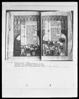 Flämisches Gebetbuch — Kalendar, Folio 1verso-13recto — Buchseite April mit Monatsbild und Tierkreiszeichen - Beim Angeln, Folio 5recto