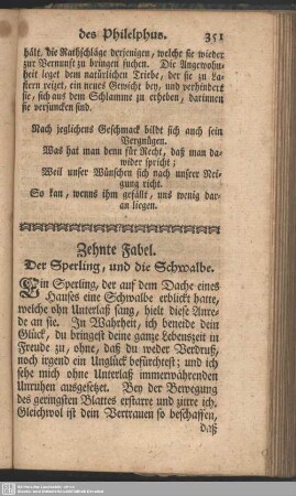 Zehnte Fabel. Der Sperling, und die Schwalbe