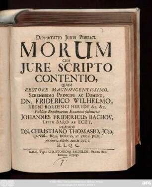 Dissertatio Juris Publici. Morum Cum Jure Scripto Contentio