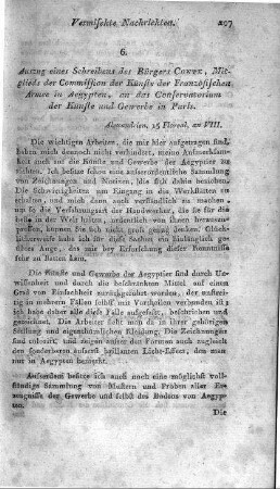 Auszug eines Schreibens des Bürgers Conte, Mitglieds der Commission der Künste der Französichen Armee in Aegypten, an das Conservatorium der Künste und Gewerbe in Paris : Alexandrien, 15 Floreal, an VIII