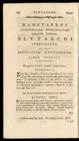 Plutarchi Symposiacon, Id Est Convivalium Disputationum, Liber Tertius