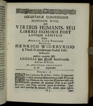Augustanæ Confessionis Articulum XVIII. De Viribus Humanis, Seu Libero Hominis Post Lapsum Arbitrio [...]