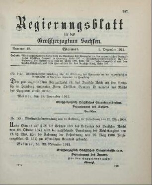Nr. 142: Ministerialbekanntmachung über die Erteilung des Exequatur an den argentinischen Generalkonsul Christian Sommer in Hamburg